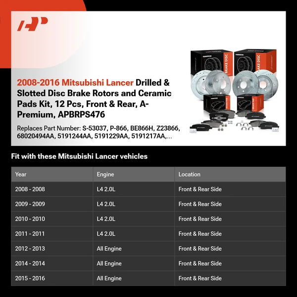 2008-2016 Mitsubishi Lancer Drilled & Slotted Disc Brake Rotors and Ceramic Pads Kit, 12 Pcs, Front & Rear, A-Premium, APBRPS476