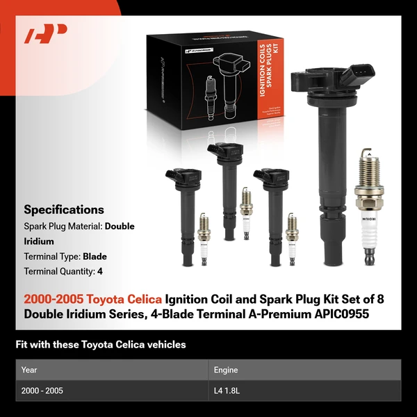 2000-2005 Toyota Celica Ignition Coil and Spark Plug Kit Set of 8 Double Iridium Series, 4-Blade Terminal A-Premium APIC0955