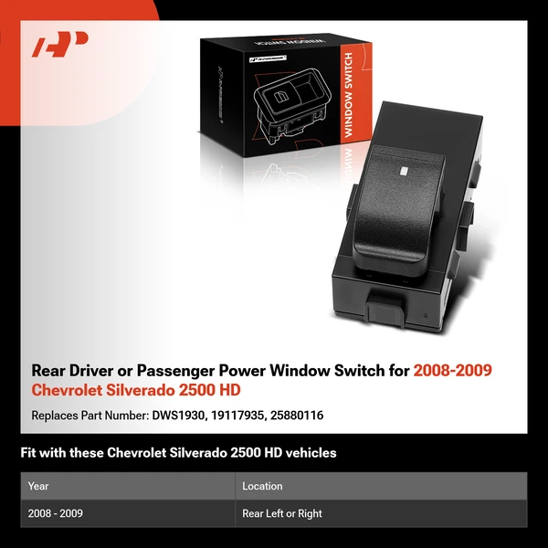 Rear Driver or Passenger Power Window Switch for 2008-2009 Chevrolet Silverado 2500 HD