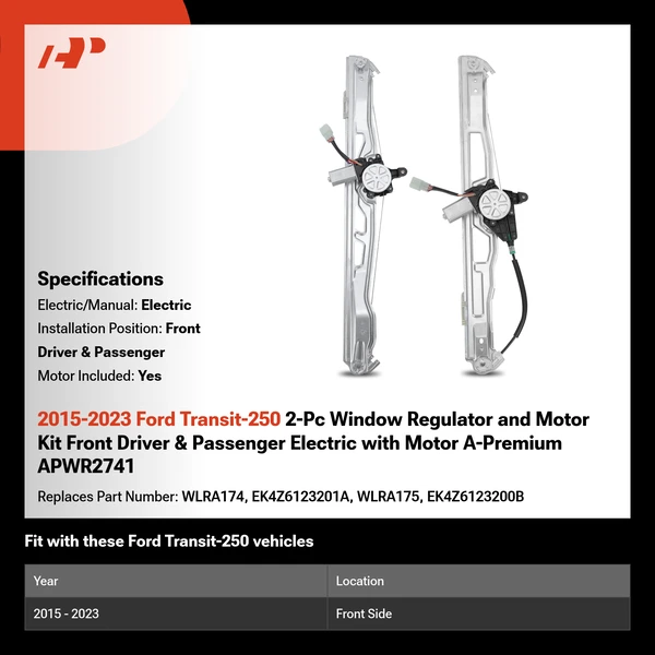 2015-2023 Ford Transit-250 2-Pc Window Regulator and Motor Kit Front Driver & Passenger Electric with Motor A-Premium APWR2741