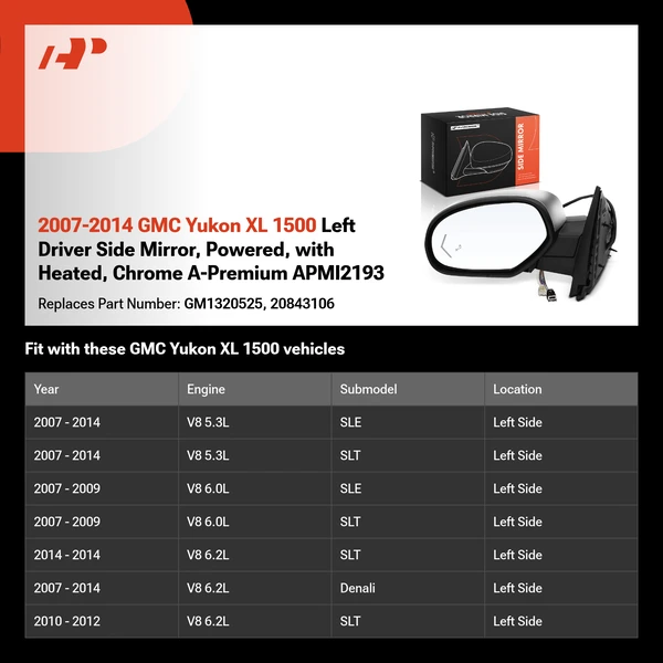 2007-2014 GMC Yukon XL 1500 Left Driver Side Mirror, Powered, with Heated, Chrome A-Premium APMI2193