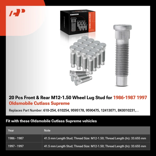 20 Pcs Front & Rear M12-1.50 Wheel Lug Stud for 1986-1987 1997 Oldsmobile Cutlass Supreme