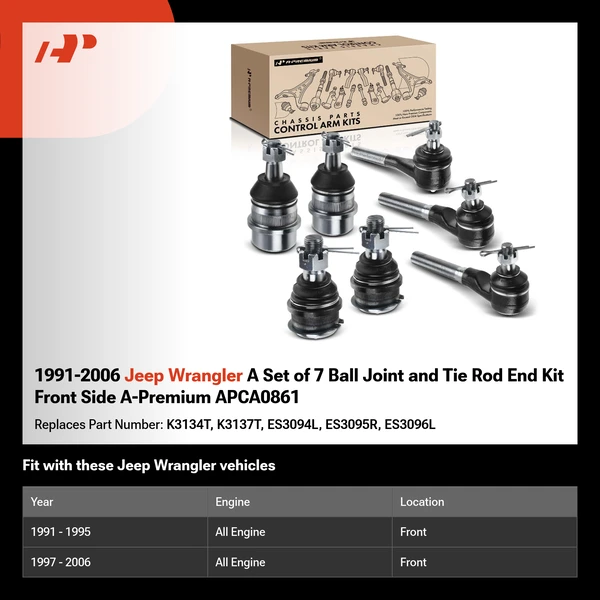 1991-2006 Jeep Wrangler A Set of 7 Ball Joint and Tie Rod End Kit Front Side A-Premium APCA0861