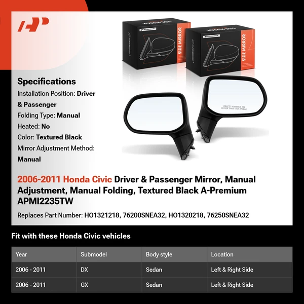 2006-2011 Honda Civic Driver & Passenger Mirror, Manual Adjustment, Manual Folding, Textured Black A-Premium APMI2235TW