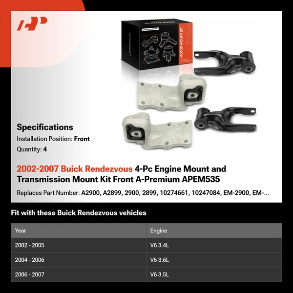 2002-2007 Buick Rendezvous 4-Pc Engine Mount and Transmission Mount Kit Front A-Premium APEM535