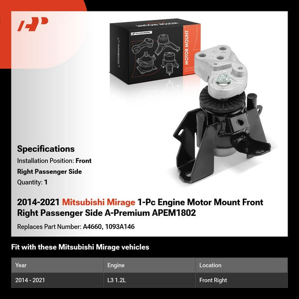 2014-2021 Mitsubishi Mirage 1-Pc Engine Motor Mount Front Right Passenger Side A-Premium APEM1802