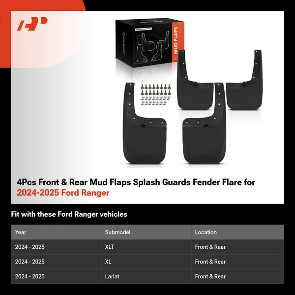 4Pcs Front & Rear Mud Flaps Splash Guards Fender Flare for 2024-2025 Ford Ranger