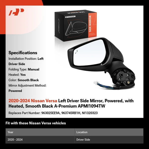 2020-2024 Nissan Versa Left Driver Side Mirror, with Heating, Power Adjustment, Manual Folding, Smooth Black A-Premium APMI1094TW