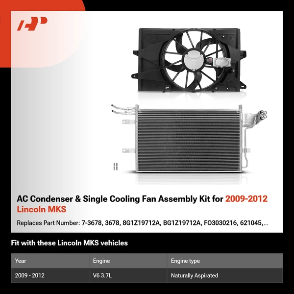 AC Condenser & Single Cooling Fan Assembly Kit for 2009-2012 Lincoln MKS