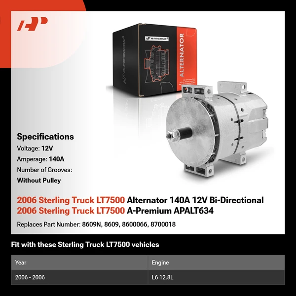 2006 Sterling Truck LT7500 Alternator 140A 12V Bi-Directional 2006 Sterling Truck LT7500 A-Premium APALT634