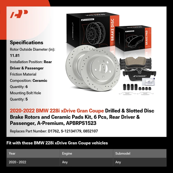 2020-2022 BMW 228i xDrive Gran Coupe Drilled & Slotted Disc Brake Rotors and Ceramic Pads Kit, 6 Pcs, Rear Driver & Passenger, A-Premium, APBRPS1523