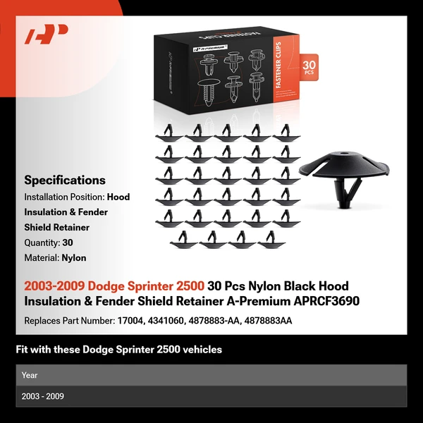 2003-2009 Dodge Sprinter 2500 30 Pcs Nylon Black Hood Insulation & Fender Shield Retainer A-Premium APRCF3690