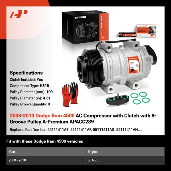 2008-2010 Dodge Ram 4500 AC Compressor with Clutch with 8-Groove Pulley A-Premium APACC289