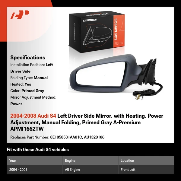 2004-2008 Audi S4 Left Driver Side Mirror, with Heating, Power Adjustment, Manual Folding, Primed Gray A-Premium APMI1662TW