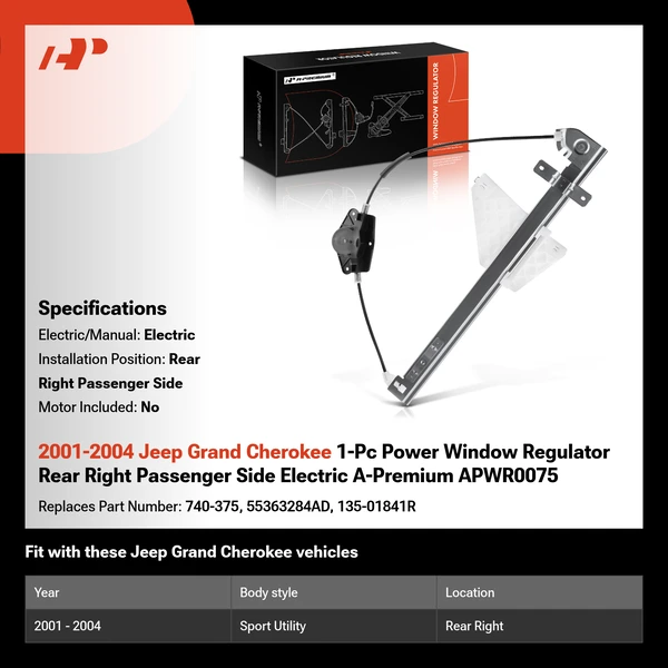 2001-2004 Jeep Grand Cherokee 1-Pc Power Window Regulator Rear Right Passenger Side Electric A-Premium APWR0075