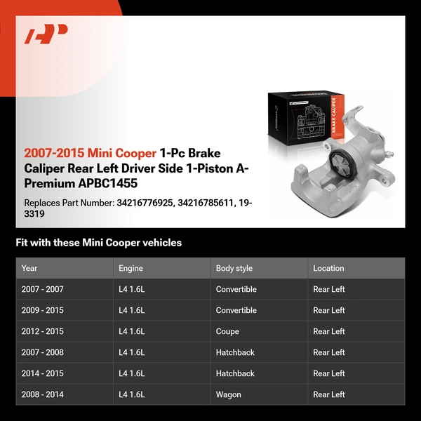2007-2015 Mini Cooper 1-Pc Brake Caliper Rear Left Driver Side 1-Piston A-Premium APBC1455