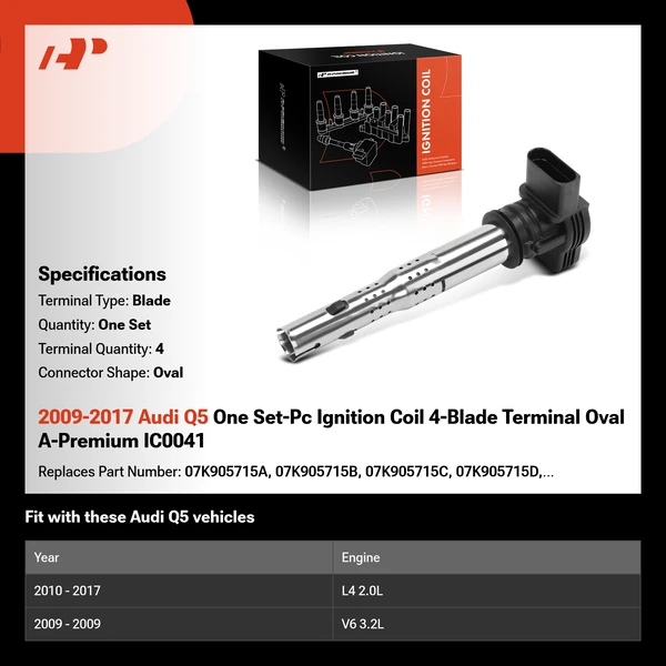 2009-2017 Audi Q5 One Set-Pc Ignition Coil 4-Blade Terminal Oval A-Premium IC0041