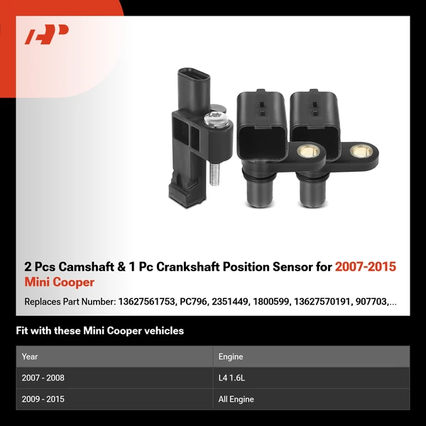 2 Pcs Camshaft & 1 Pc Crankshaft Position Sensor for 2007-2015 Mini Cooper