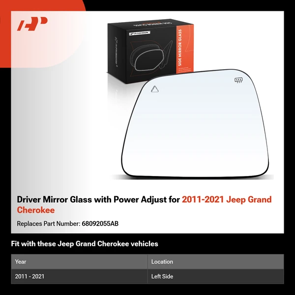 Driver Mirror Glass with Power Adjust for 2011-2021 Jeep Grand Cherokee