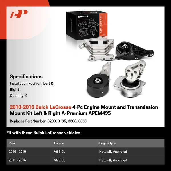 2010-2016 Buick LaCrosse 4-Pc Engine Mount and Transmission Mount Kit Left & Right A-Premium APEM495