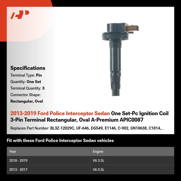 2013-2019 Ford Police Interceptor Sedan One Set-Pc Ignition Coil 3-Pin Terminal Rectangular, Oval A-Premium APIC0087