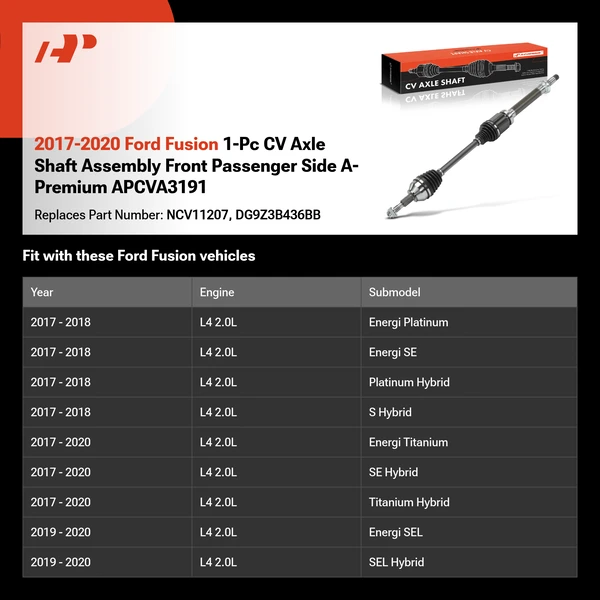 2017-2020 Ford Fusion 1-Pc CV Axle Shaft Assembly Front Passenger Side A-Premium APCVA3191