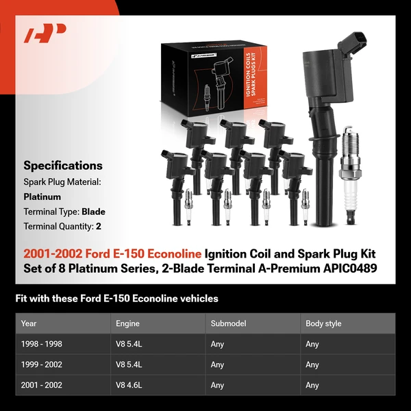 2001-2002 Ford E-150 Econoline Ignition Coil and Spark Plug Kit Set of 8 Platinum Series, 2-Blade Terminal A-Premium APIC0489