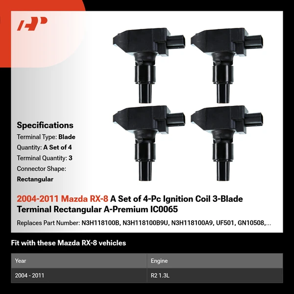 2004-2011 Mazda RX-8 A Set of 4-Pc Ignition Coil 3-Blade Terminal Rectangular A-Premium IC0065