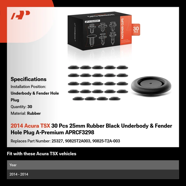 2014 Acura TSX 30 Pcs 25mm Rubber Black Underbody & Fender Hole Plug A-Premium APRCF3298