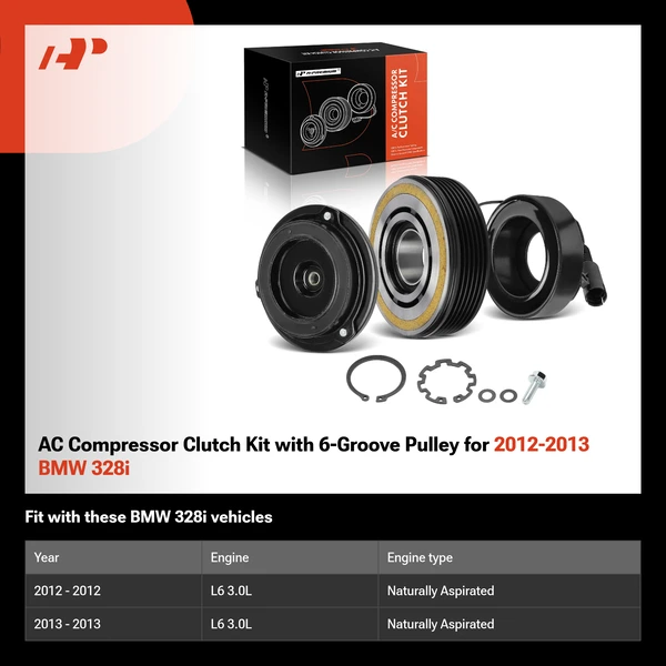 AC Compressor Clutch Kit with 6-Groove Pulley for 2012-2013 BMW 328i