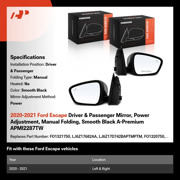 2020-2021 Ford Escape Driver & Passenger Mirror, Power Adjustment, Manual Folding, Smooth Black A-Premium APMI2287TW