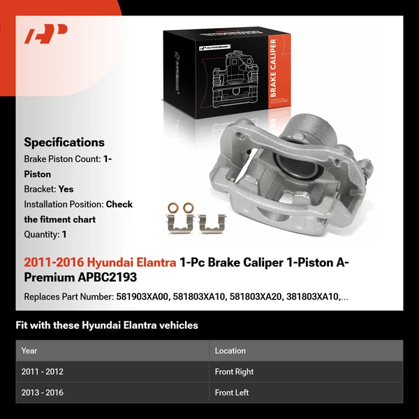 2011-2016 Hyundai Elantra 1-Pc Brake Caliper 1-Piston A-Premium APBC2193