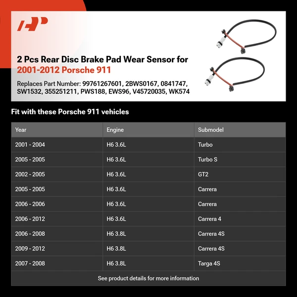 2 Pcs Rear Disc Brake Pad Wear Sensor for 2001-2012 Porsche 911