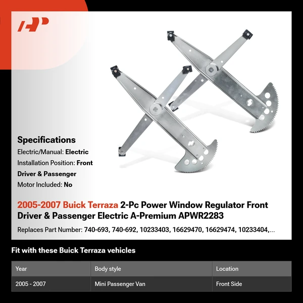 2005-2007 Buick Terraza 2-Pc Power Window Regulator Front Driver & Passenger Electric A-Premium APWR2283