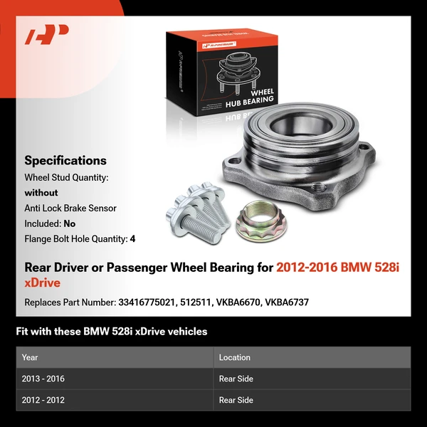 Rear Driver or Passenger Wheel Bearing for 2012-2016 BMW 528i xDrive