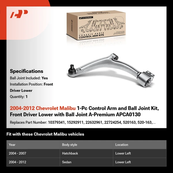 2004-2012 Chevrolet Malibu 1-Pc Control Arm and Ball Joint Kit, Front Driver Lower with Ball Joint A-Premium APCA0130