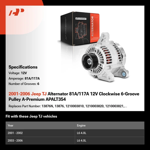 2001-2006 Jeep TJ Alternator 81A/117A 12V Clockwise 6-Groove Pulley A-Premium APALT354