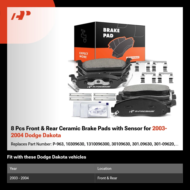 8 Pcs Front & Rear Ceramic Brake Pads with Sensor for 2003-2004 Dodge Dakota