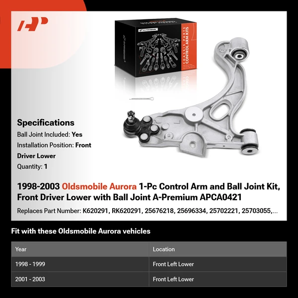 1998-2003 Oldsmobile Aurora 1-Pc Control Arm and Ball Joint Kit, Front Driver Lower with Ball Joint A-Premium APCA0421