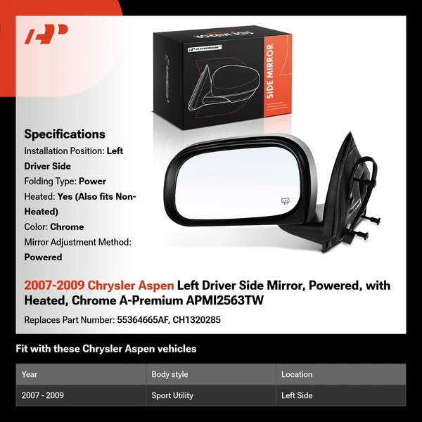 2007-2009 Chrysler Aspen Left Driver Side Mirror, Powered, with Heated, Chrome A-Premium APMI2563TW