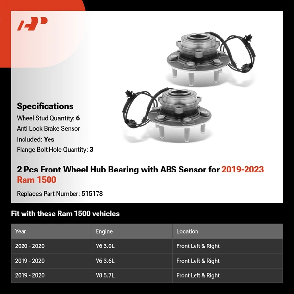 2 Pcs Front Wheel Hub Bearing with ABS Sensor for 2019-2023 Ram 1500