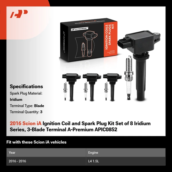 2016 Scion iA Ignition Coil and Spark Plug Kit Set of 8 Iridium Series, 3-Blade Terminal A-Premium APIC0852