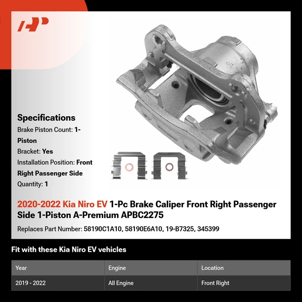 2020-2022 Kia Niro EV 1-Pc Brake Caliper Front Right Passenger Side 1-Piston A-Premium APBC2275