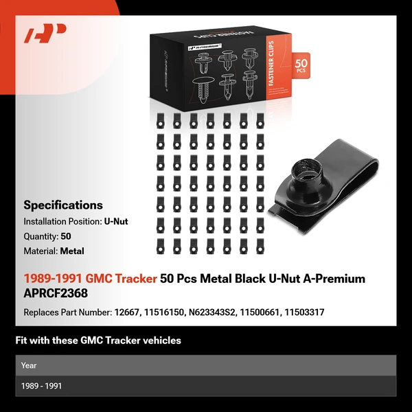 1989-1991 GMC Tracker 50 Pcs Metal Black U-Nut A-Premium APRCF2368