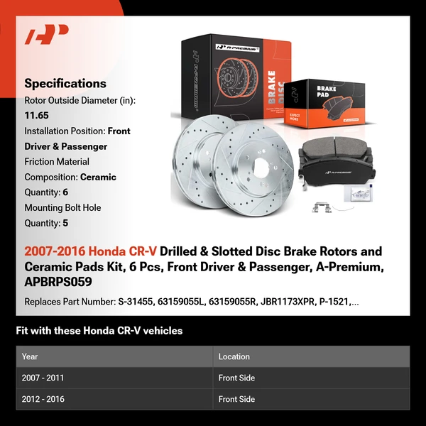 2007-2016 Honda CR-V Drilled & Slotted Disc Brake Rotors and Ceramic Pads Kit, 6 Pcs, Front Driver & Passenger, A-Premium, APBRPS059