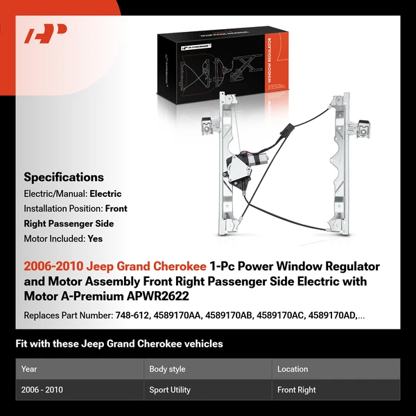 2006-2010 Jeep Grand Cherokee 1-Pc Power Window Regulator and Motor Assembly Front Right Passenger Side Electric with Motor A-Premium APWR2622