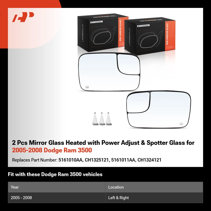 2 Pcs Mirror Glass Heated with Power Adjust & Spotter Glass for 2005-2008 Dodge Ram 3500