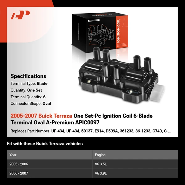 2005-2007 Buick Terraza One Set-Pc Ignition Coil 6-Blade Terminal Oval A-Premium APIC0097