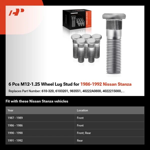 6 Pcs M12-1.25 Wheel Lug Stud for 1986-1992 Nissan Stanza