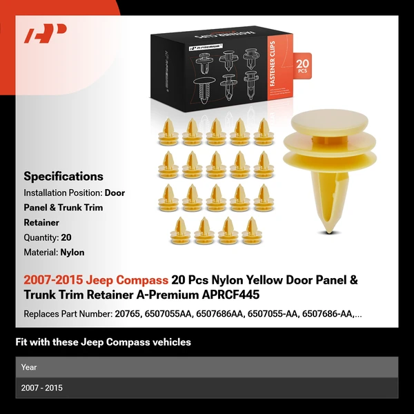 2007-2015 Jeep Compass 20 Pcs Nylon Yellow Door Panel & Trunk Trim Retainer A-Premium APRCF445
